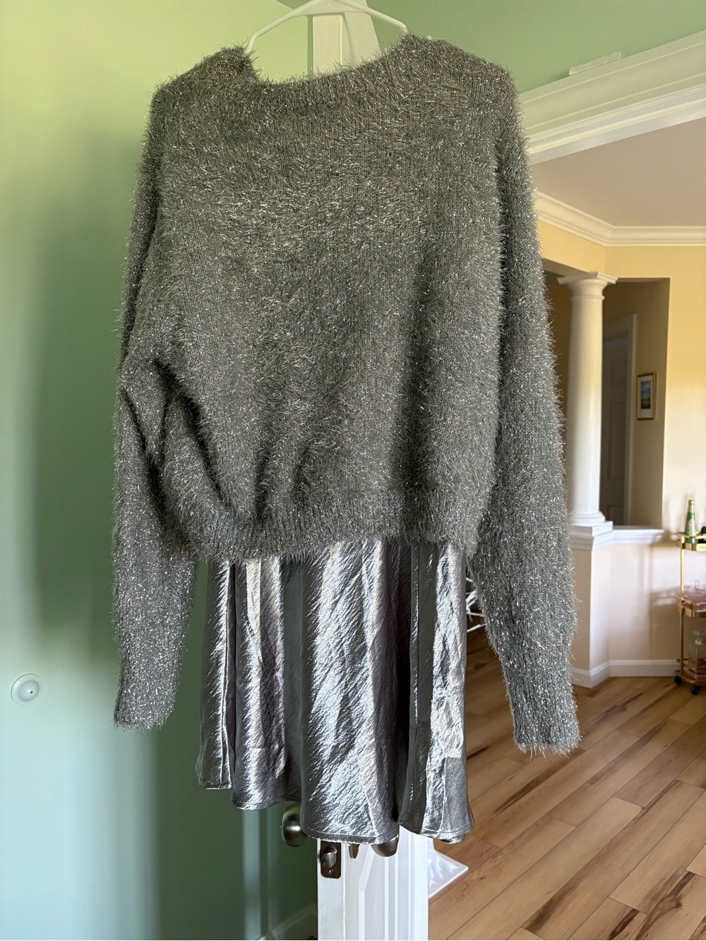 Rachel Zoe Metallic Silver Sweater & Satin Skirt Set